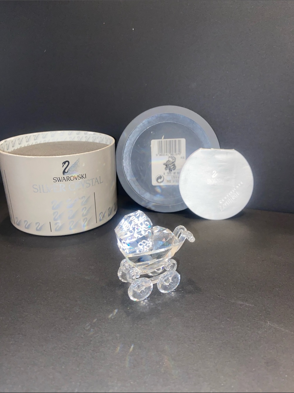Swarovski Clear Crystal Baby Carriage Figurine with Silver Box Accents
